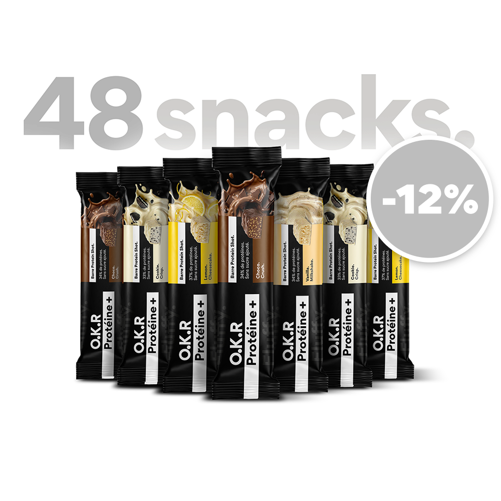 Pack 48 barres protéinées Fluffy personnalisable - 6 barres offertes + livraison gratuite (48 x 44g, 36% protéines, sans sucre)